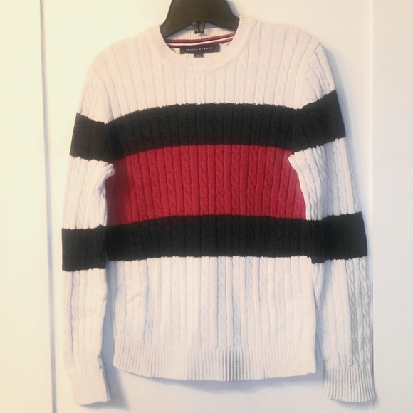 Tommy Hilfiger cable knit sweater, Size Medium, Red, Navy and White - Picture 1 of 2